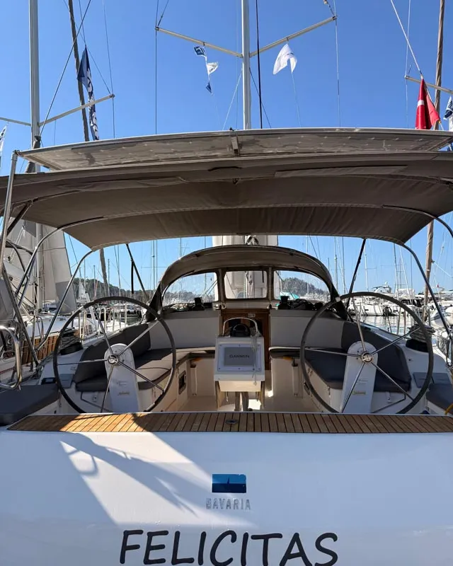 Cockpit of Felicitas, a Bavaria Cruiser 46 sailboat at Fethiye, Turkey