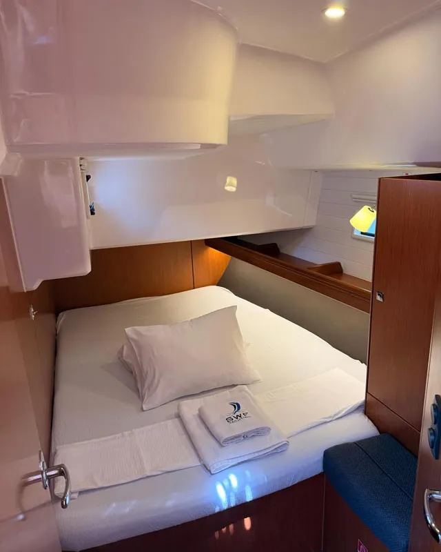 Cabin on Felicitas, a Bavaria Cruiser 46 sailboat at Fethiye, Turkey