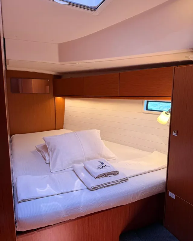 Cabin on Felicitas, a Bavaria Cruiser 46 sailboat at Fethiye, Turkey
