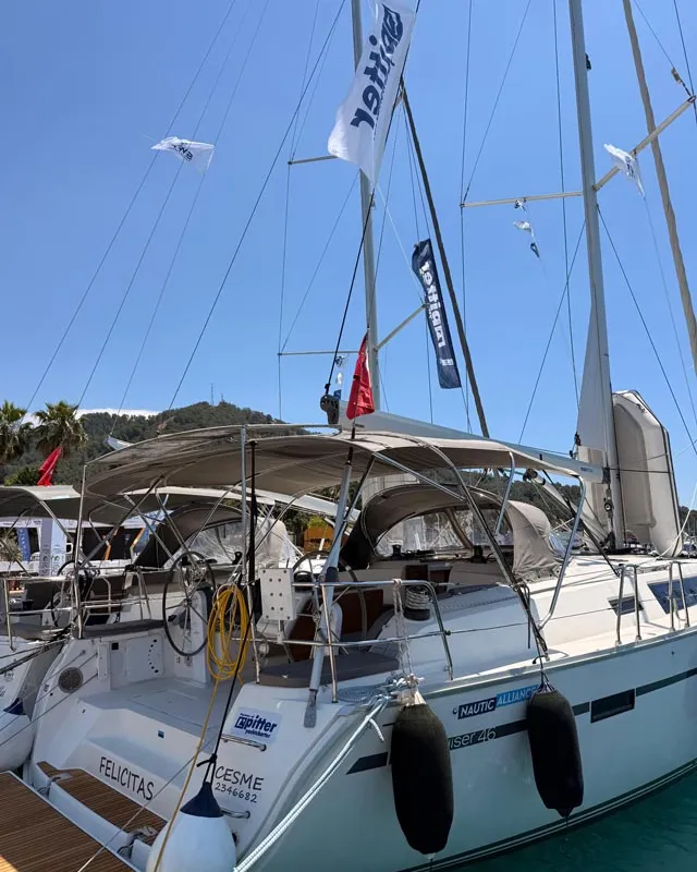 Exterior view of Felicitas, a Bavaria Cruiser 46 sailboat at Fethiye, Turkey
