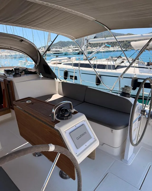 Cockpit of Felicitas, a Bavaria Cruiser 46 sailboat at Fethiye, Turkey