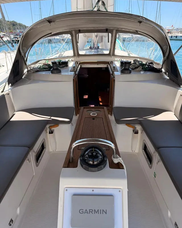 Cockpit of Felicitas, a Bavaria Cruiser 46 sailboat at Fethiye, Turkey