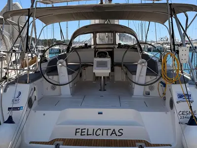 Cockpit of Felicitas, a Bavaria Cruiser 46 sailboat at Fethiye, Turkey