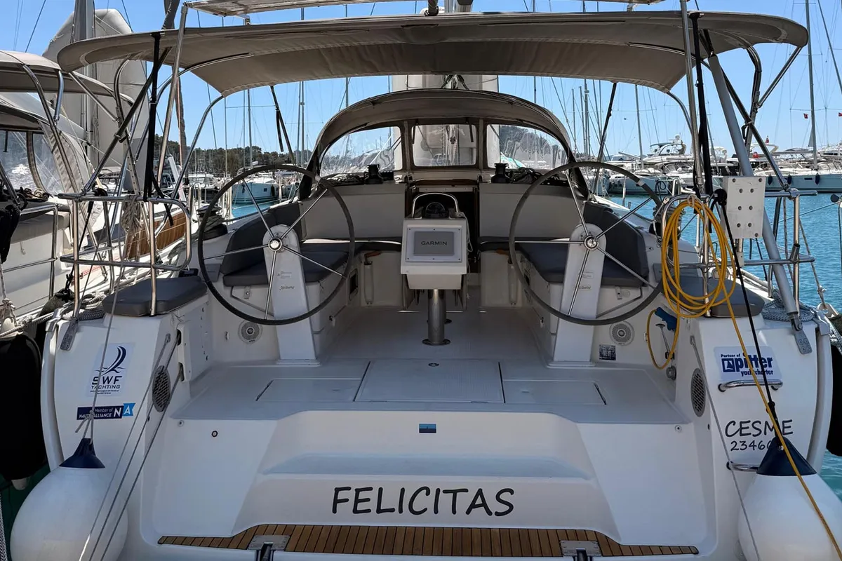 Cockpit of Felicitas, a Bavaria Cruiser 46 sailboat at Fethiye, Turkey