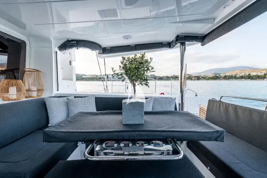 Deck of Nomad, a Lagoon 52 catamaran at Lavrion, Greece