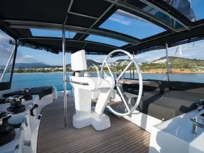Cockpit of Nomad, a Lagoon 52 catamaran at Lavrion, Greece