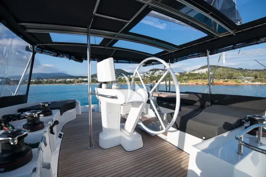 Cockpit of Nomad, a Lagoon 52 catamaran at Lavrion, Greece