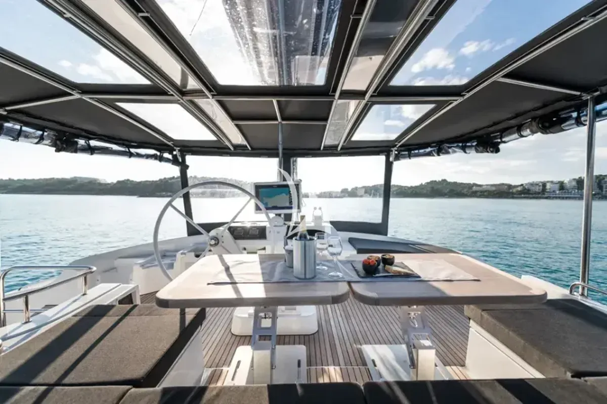 Cockpit of Nomad, a Lagoon 52 catamaran at Lavrion, Greece