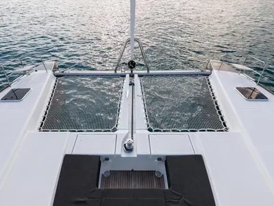 Deck of Nomad, a Lagoon 52 catamaran at Lavrion, Greece