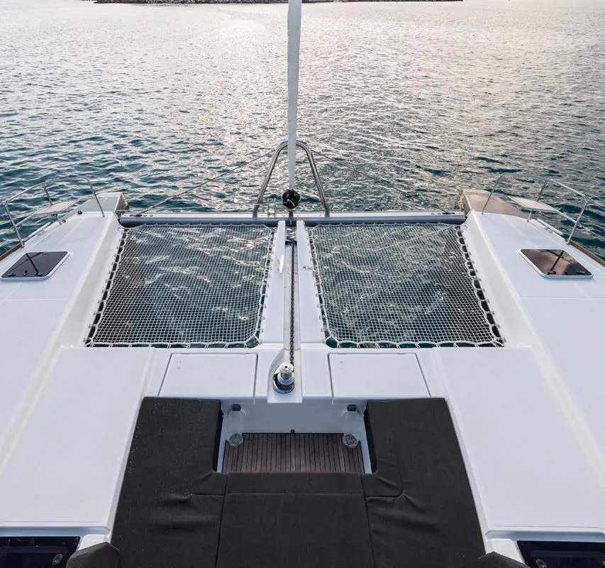 Deck of Nomad, a Lagoon 52 catamaran at Lavrion, Greece