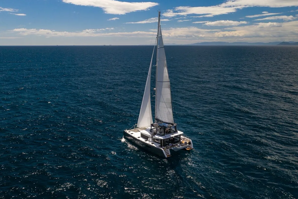 Exterior view of Nomad, a Lagoon 52 catamaran at Lavrion, Greece