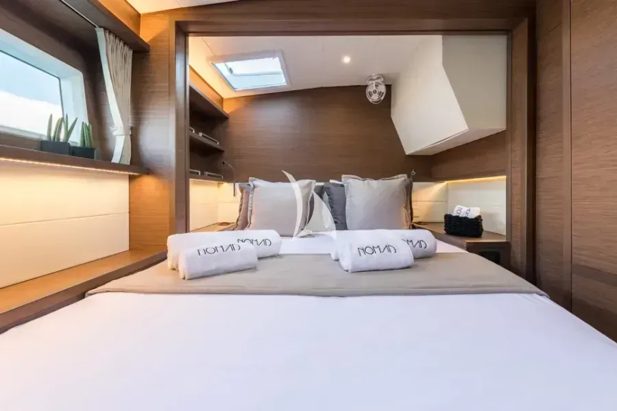 Cabin on Nomad, a Lagoon 52 catamaran at Lavrion, Greece