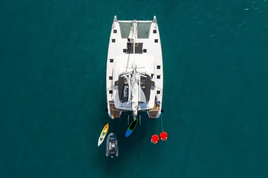 Exterior view of Nomad, a Lagoon 52 catamaran at Lavrion, Greece