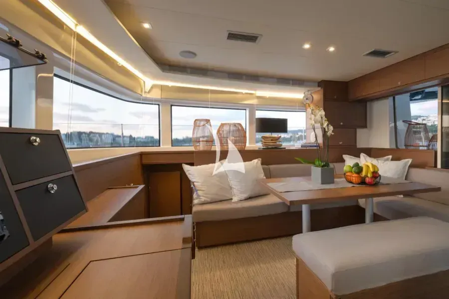 Salon of Nomad, a Lagoon 52 catamaran at Lavrion, Greece