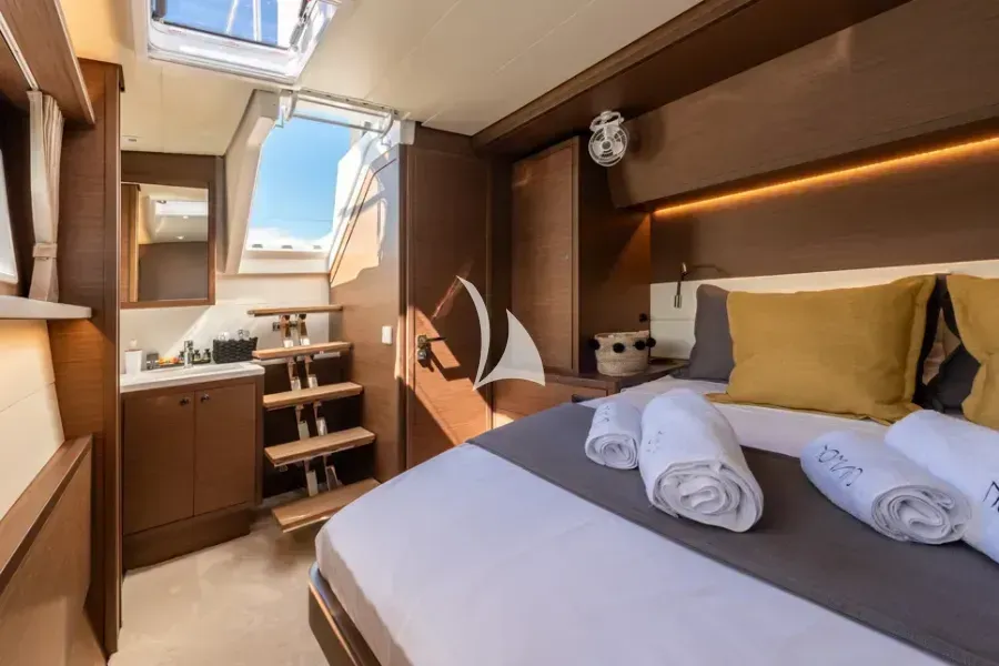 Cabin on Nomad, a Lagoon 52 catamaran at Lavrion, Greece