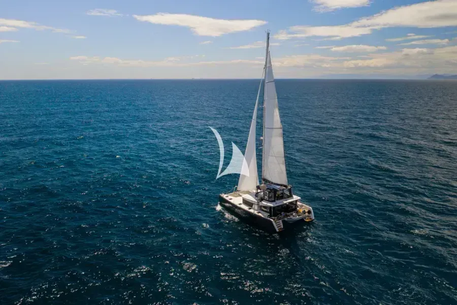 Exterior view of Nomad, a Lagoon 52 catamaran at Lavrion, Greece
