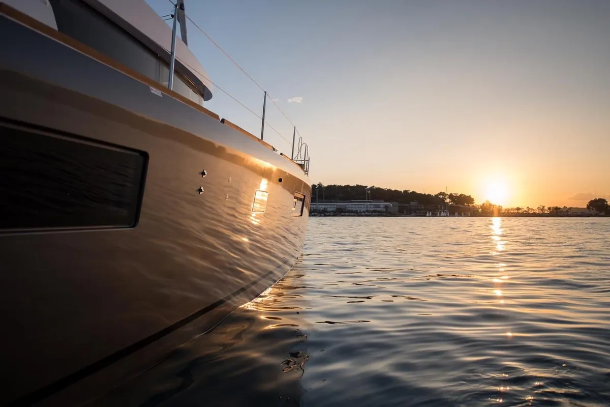 Exterior view of Nomad, a Lagoon 52 catamaran at Lavrion, Greece