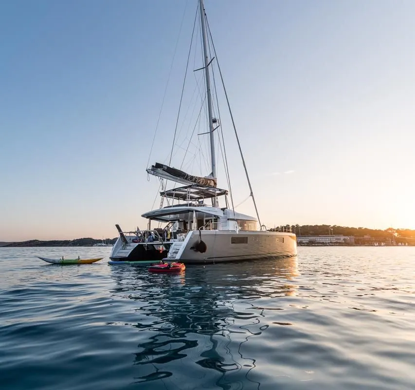 Exterior view of Nomad, a Lagoon 52 catamaran at Lavrion, Greece