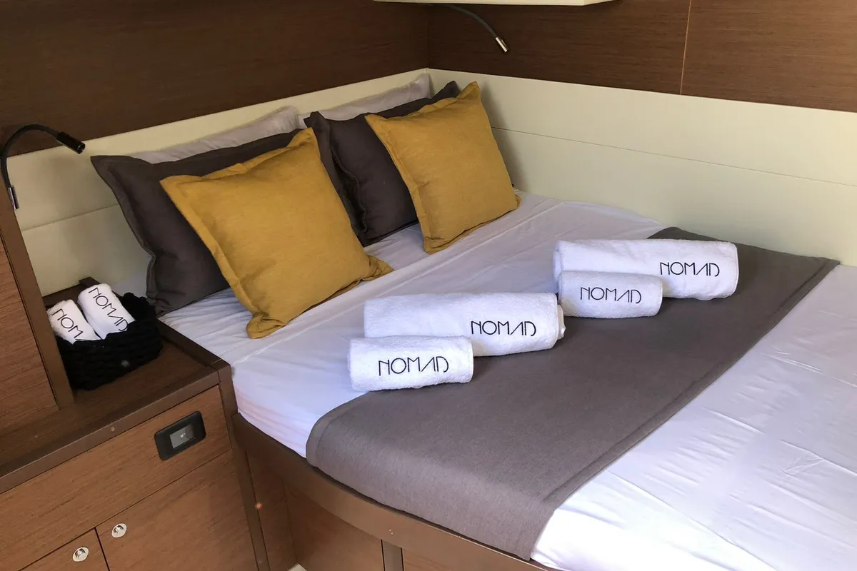 Cabin on Nomad, a Lagoon 52 catamaran at Lavrion, Greece