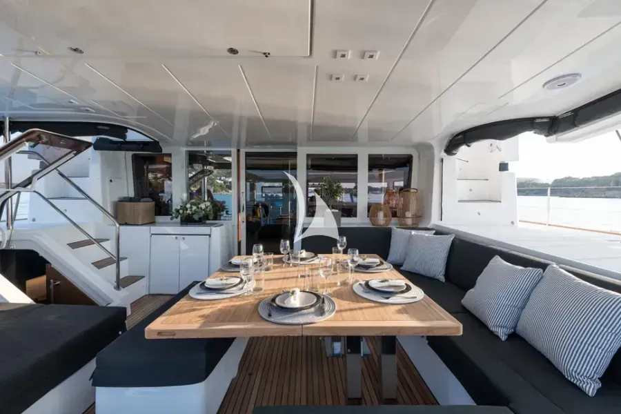 Deck of Nomad, a Lagoon 52 catamaran at Lavrion, Greece