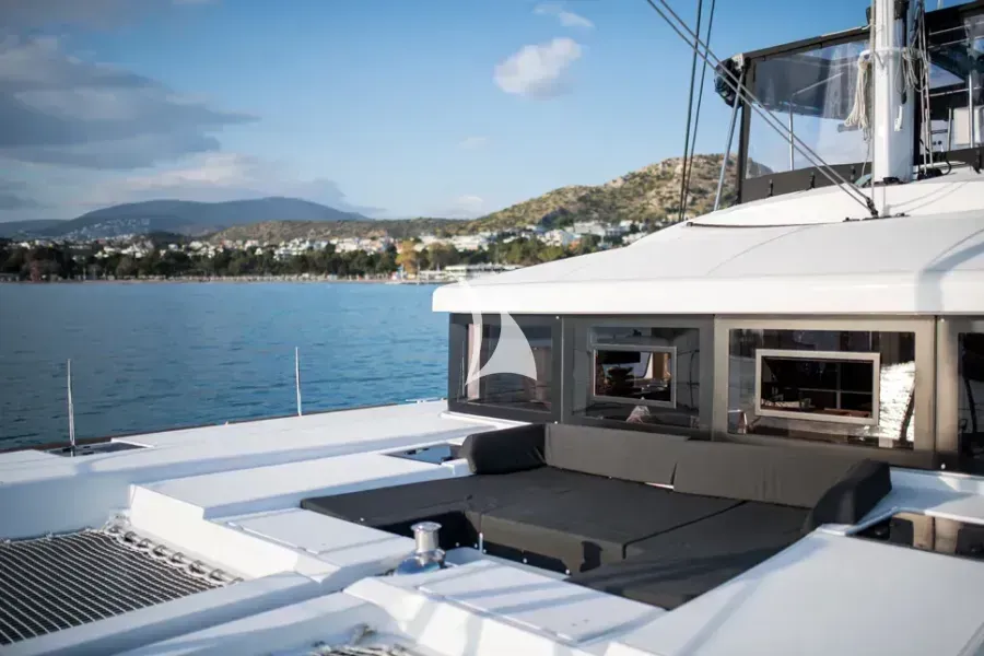 Deck of Nomad, a Lagoon 52 catamaran at Lavrion, Greece