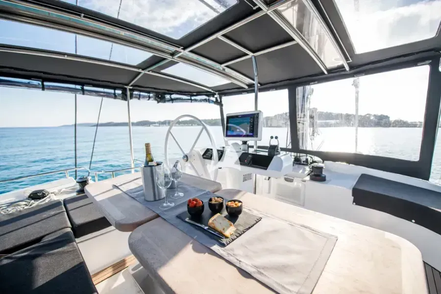 Cockpit of Nomad, a Lagoon 52 catamaran at Lavrion, Greece
