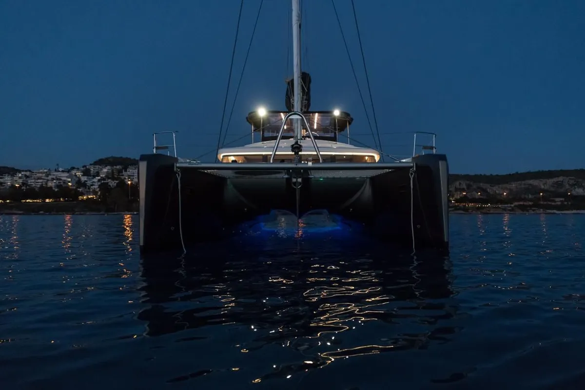 Exterior view of Nomad, a Lagoon 52 catamaran at Lavrion, Greece