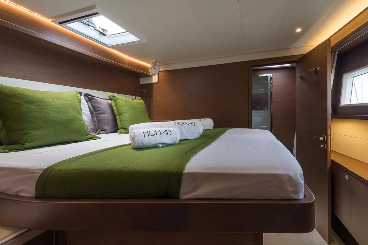 Cabin on Nomad, a Lagoon 52 catamaran at Lavrion, Greece