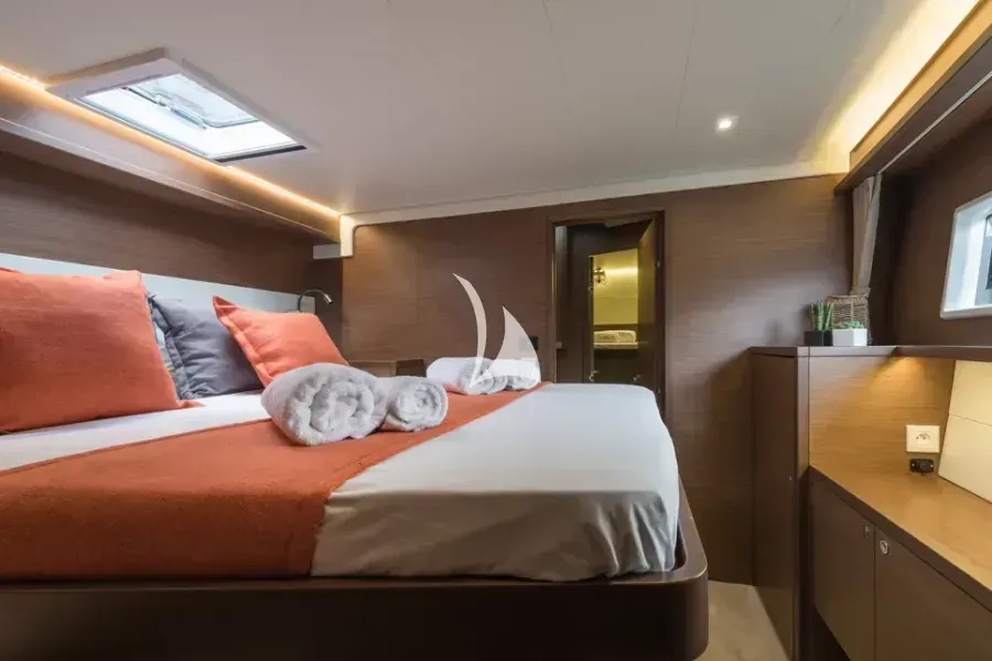 Cabin on Nomad, a Lagoon 52 catamaran at Lavrion, Greece