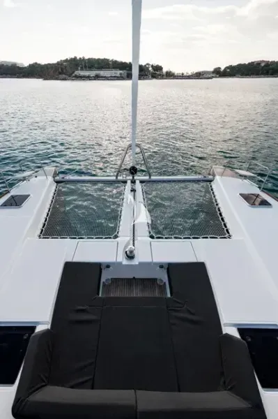Deck of Nomad, a Lagoon 52 catamaran at Lavrion, Greece