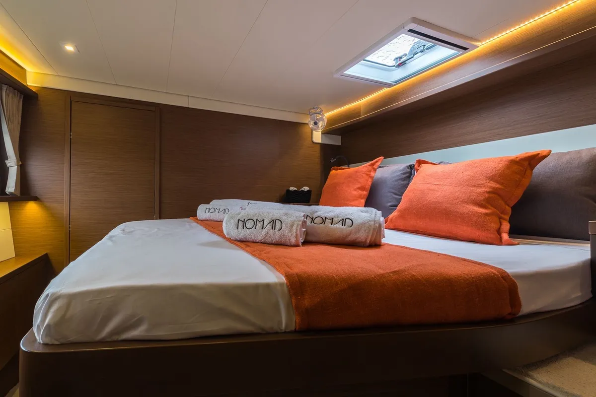 Cabin on Nomad, a Lagoon 52 catamaran at Lavrion, Greece