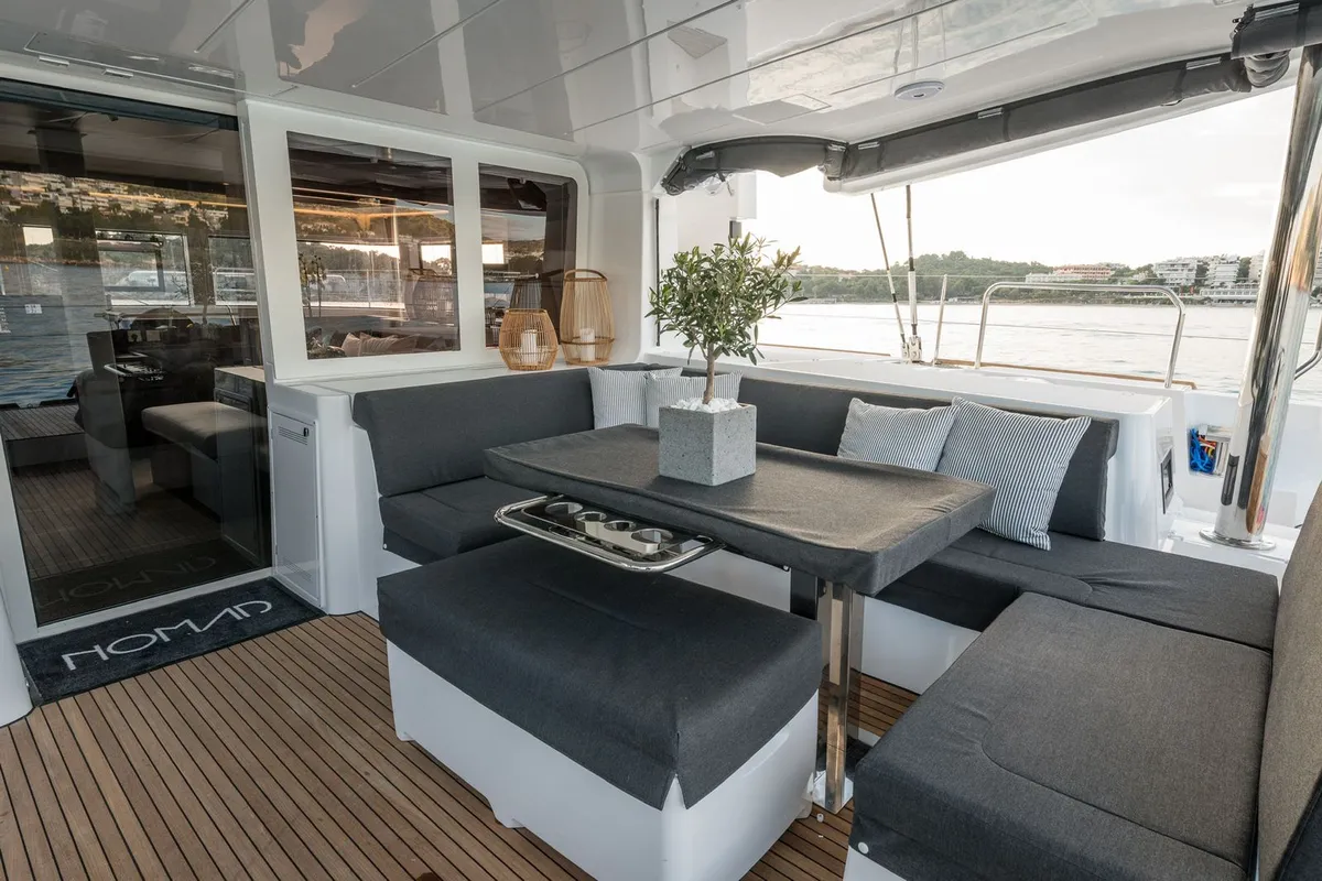 Deck of Nomad, a Lagoon 52 catamaran at Lavrion, Greece