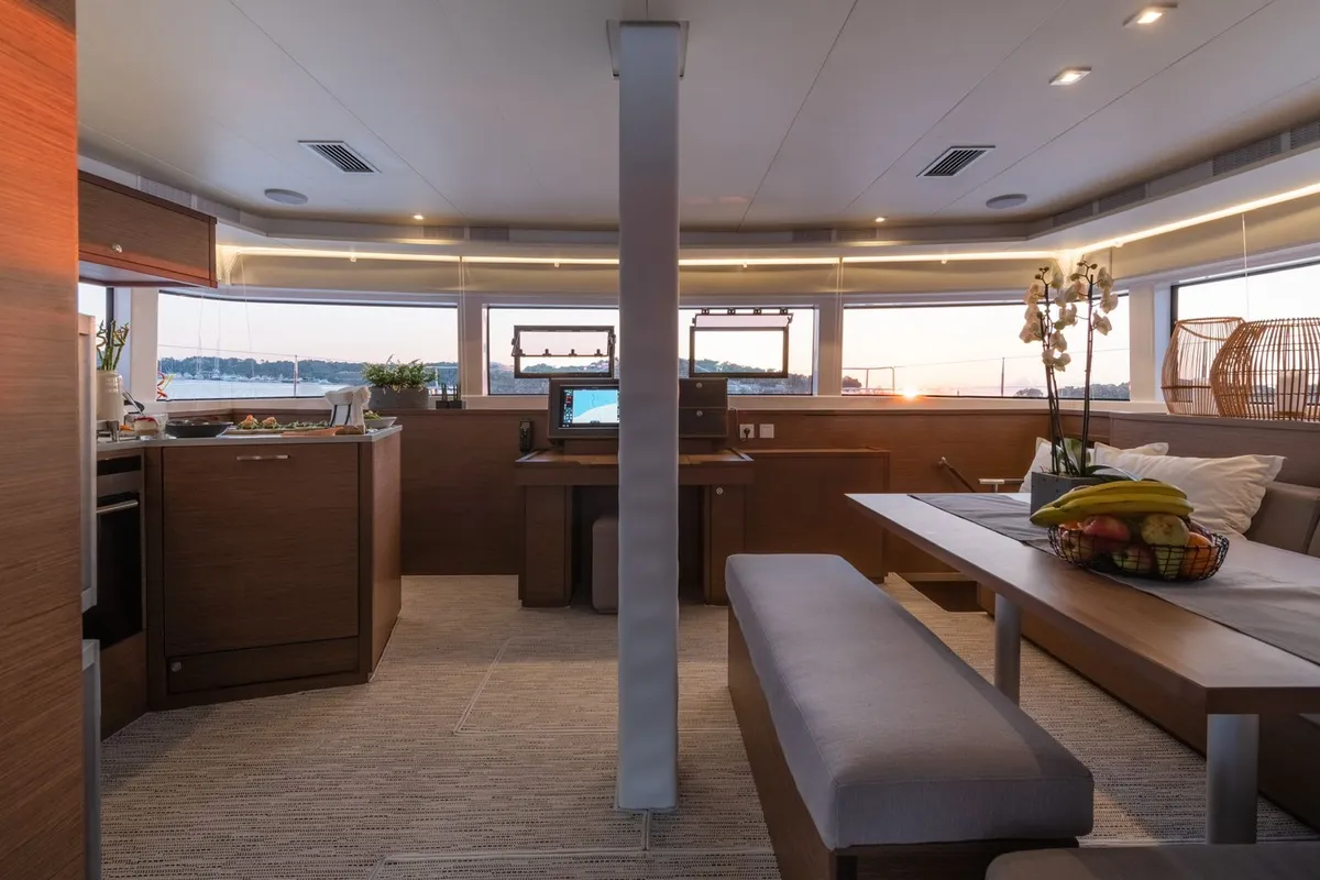 Salon of Nomad, a Lagoon 52 catamaran at Lavrion, Greece