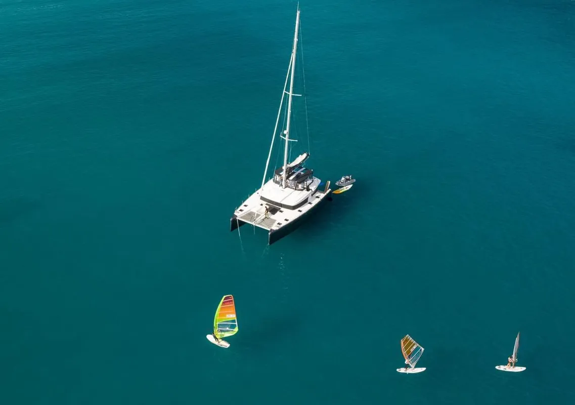 Exterior view of Nomad, a Lagoon 52 catamaran at Lavrion, Greece
