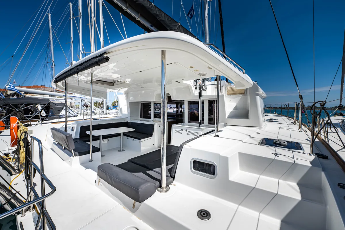 Exterior view of Wander, a Lagoon 450 Fly catamaran at Municipal Unit of Lefkada, Greece