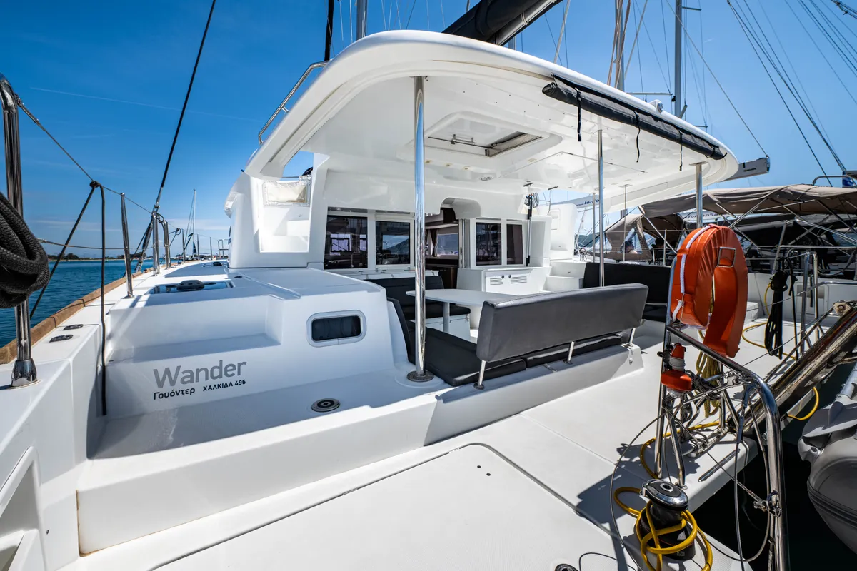 Exterior view of Wander, a Lagoon 450 Fly catamaran at Municipal Unit of Lefkada, Greece