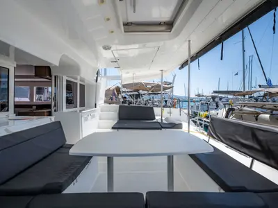 Deck of Wander, a Lagoon 450 Fly catamaran at Municipal Unit of Lefkada, Greece