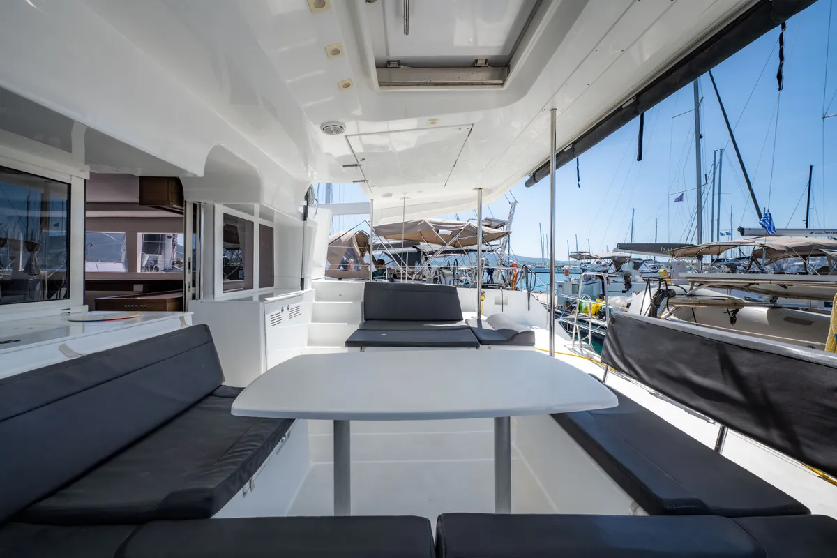 Deck of Wander, a Lagoon 450 Fly catamaran at Municipal Unit of Lefkada, Greece