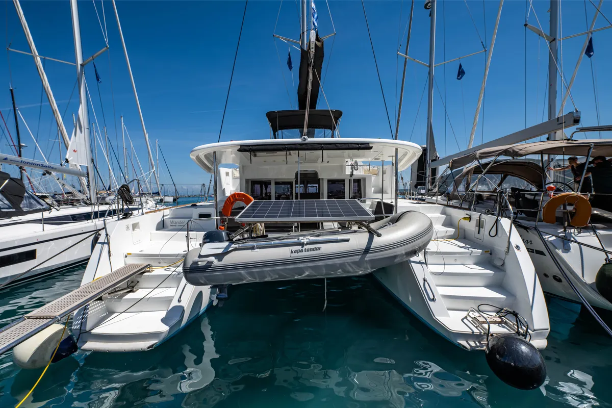Exterior view of Wander, a Lagoon 450 Fly catamaran at Municipal Unit of Lefkada, Greece