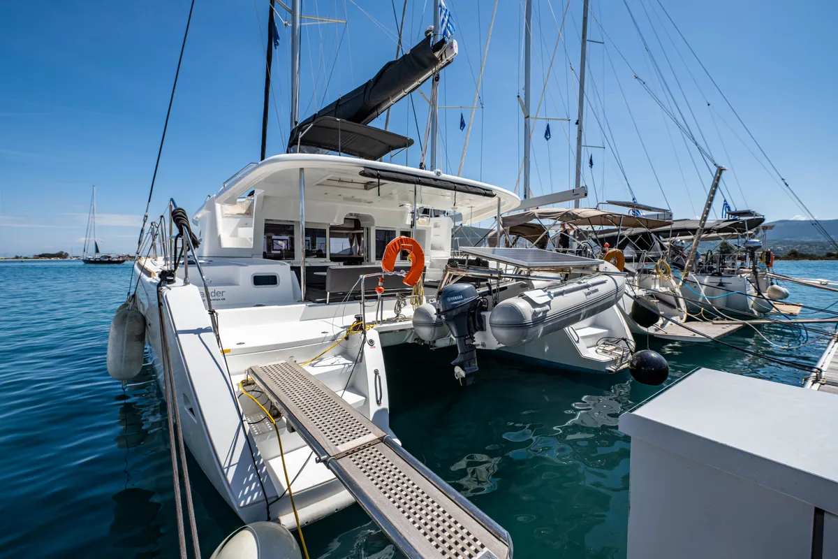 Exterior view of Wander, a Lagoon 450 Fly catamaran at Municipal Unit of Lefkada, Greece