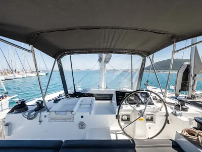 Cockpit of Wander, a Lagoon 450 Fly catamaran at Municipal Unit of Lefkada, Greece