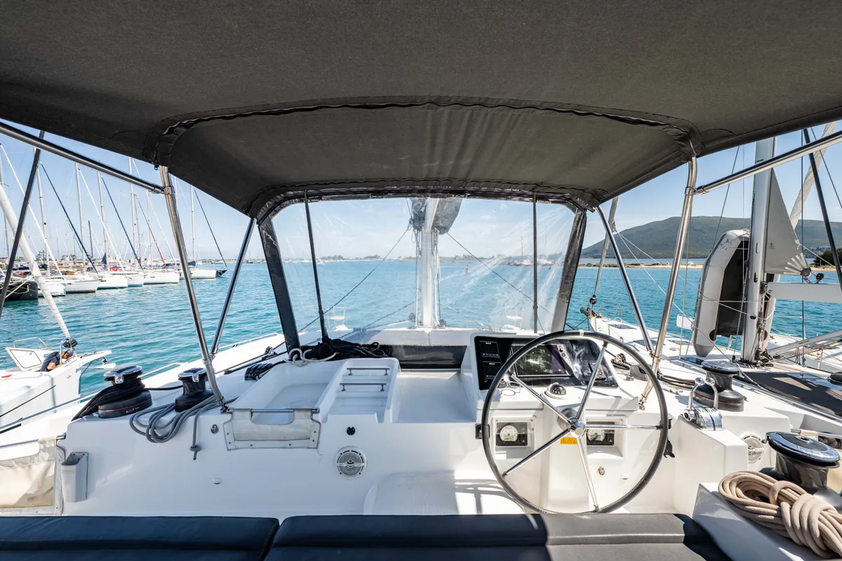 Cockpit of Wander, a Lagoon 450 Fly catamaran at Municipal Unit of Lefkada, Greece