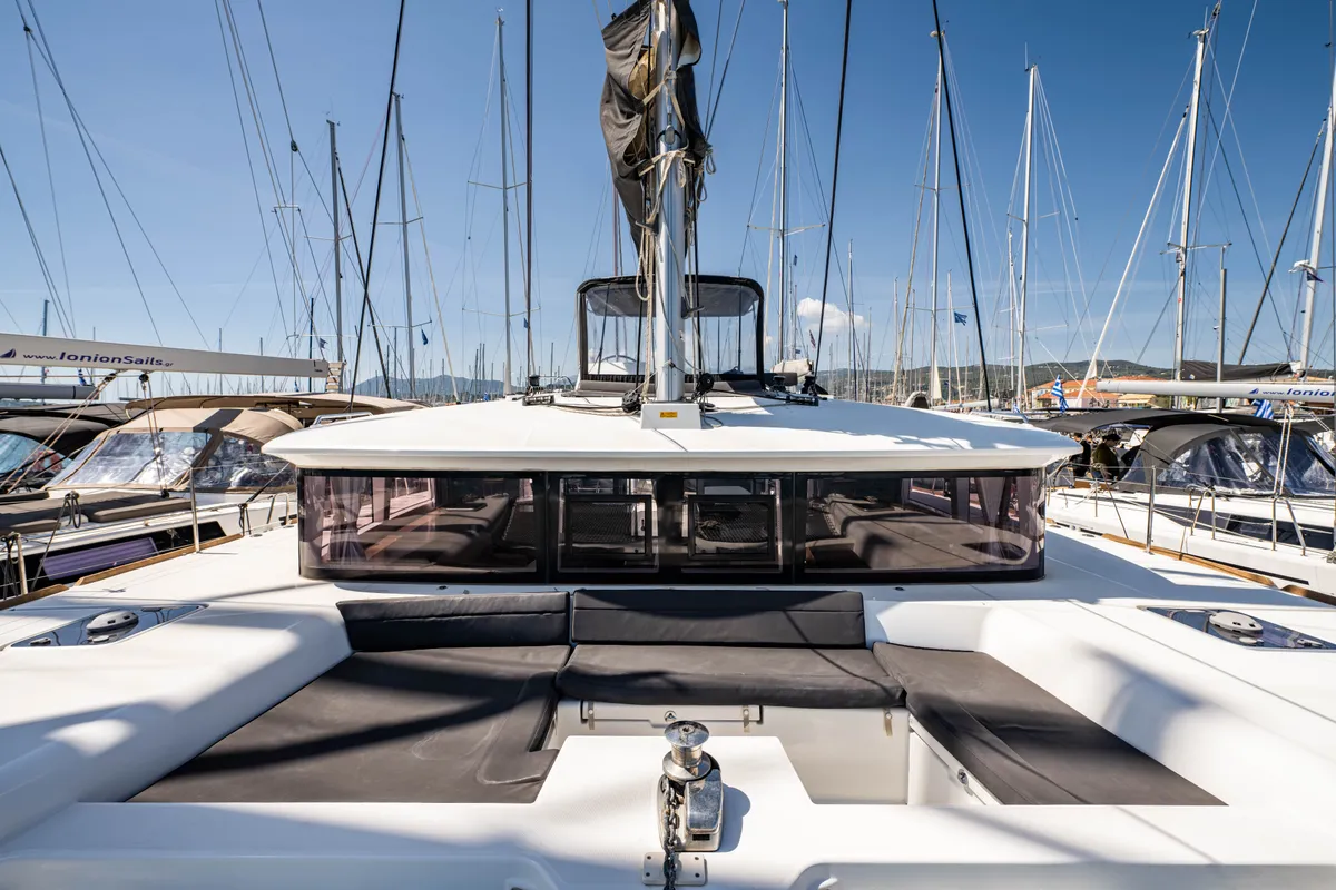 Deck of Wander, a Lagoon 450 Fly catamaran at Municipal Unit of Lefkada, Greece