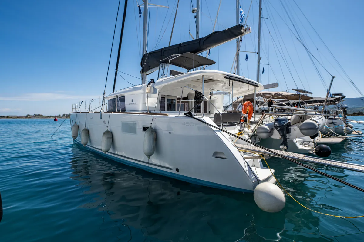 Exterior view of Wander, a Lagoon 450 Fly catamaran at Municipal Unit of Lefkada, Greece