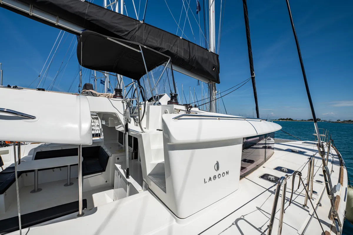 Cockpit of Wander, a Lagoon 450 Fly catamaran at Municipal Unit of Lefkada, Greece