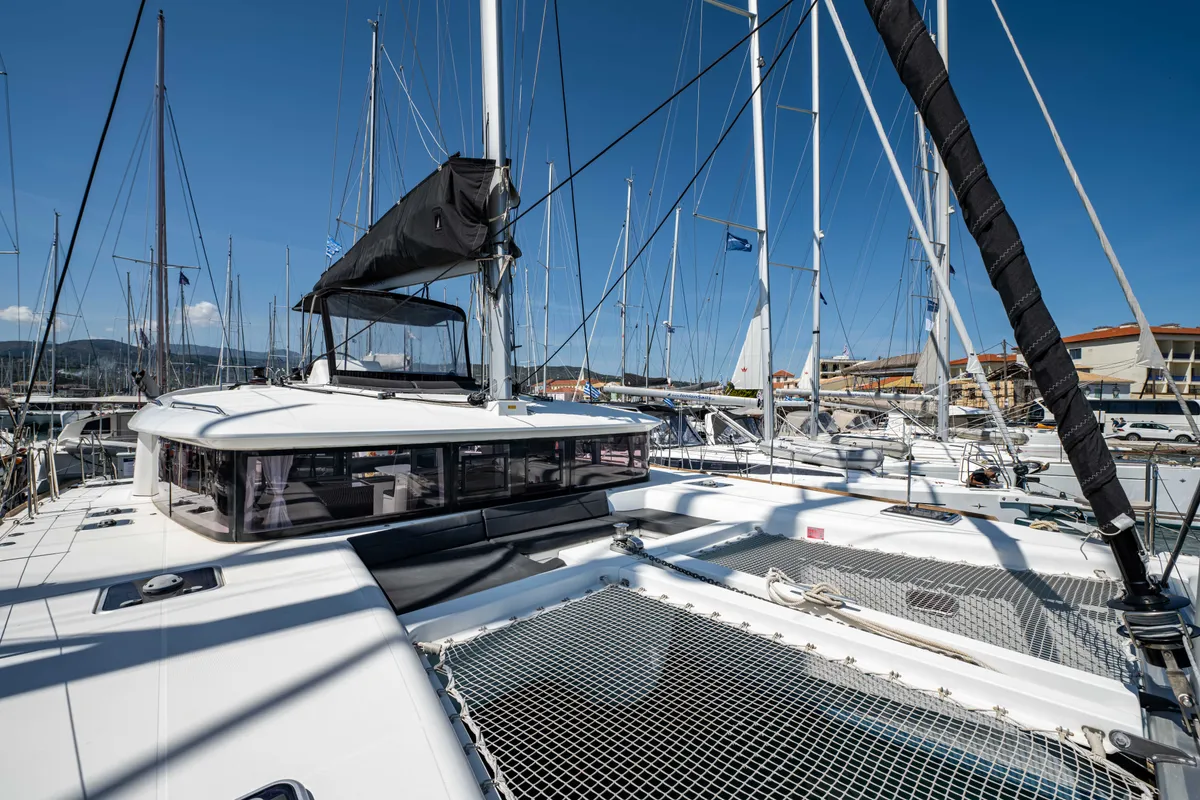 Deck of Wander, a Lagoon 450 Fly catamaran at Municipal Unit of Lefkada, Greece
