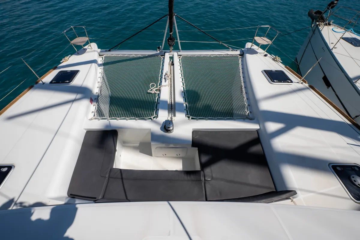 Deck of Wander, a Lagoon 450 Fly catamaran at Municipal Unit of Lefkada, Greece
