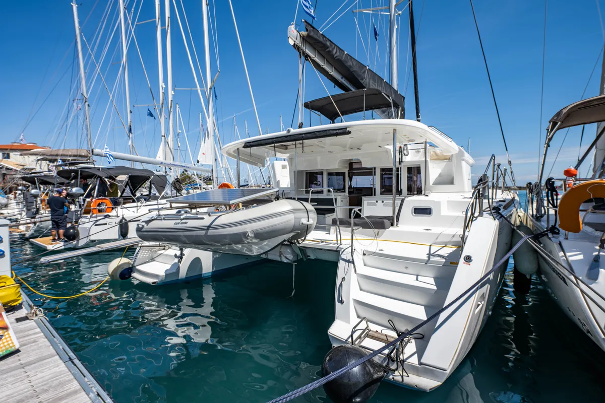 Exterior view of Wander, a Lagoon 450 Fly catamaran at Municipal Unit of Lefkada, Greece
