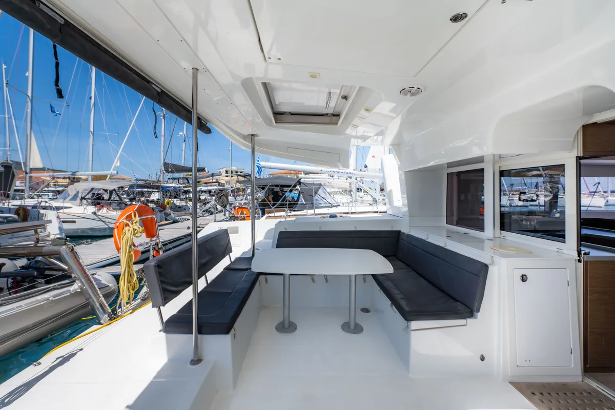 Deck of Wander, a Lagoon 450 Fly catamaran at Municipal Unit of Lefkada, Greece