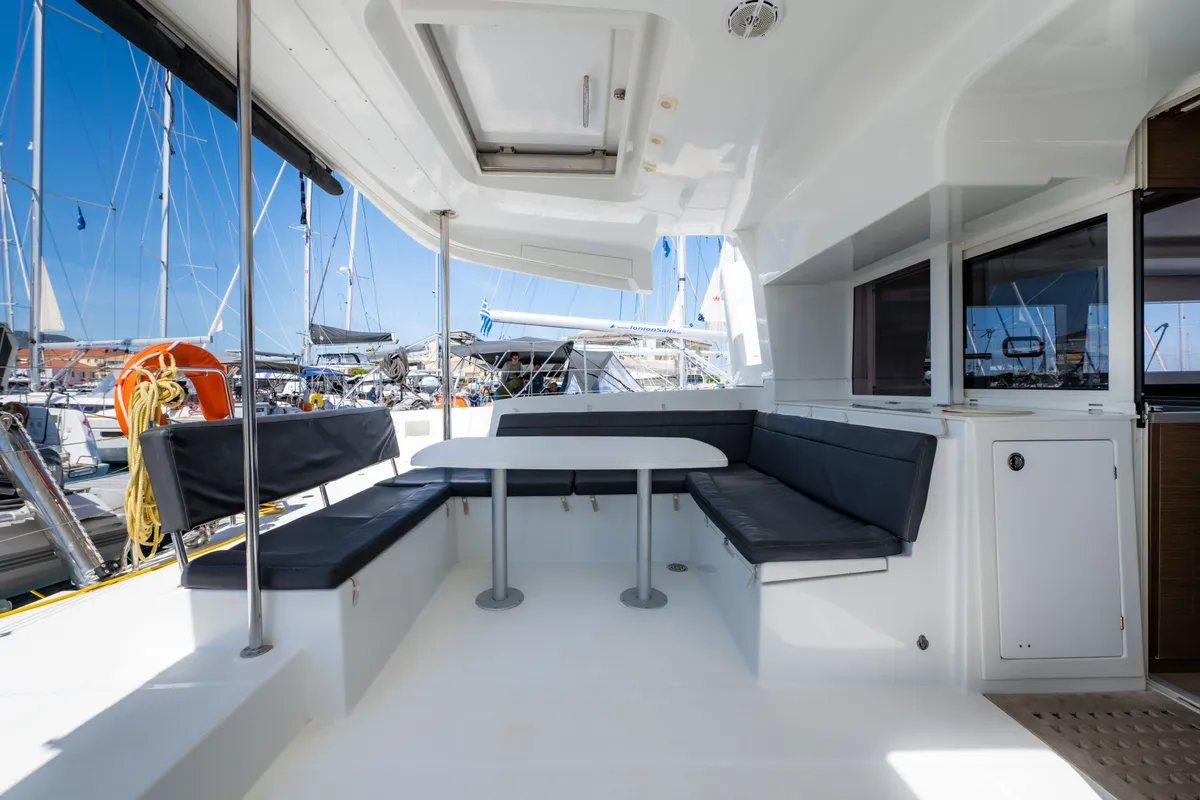 Deck of Wander, a Lagoon 450 Fly catamaran at Municipal Unit of Lefkada, Greece